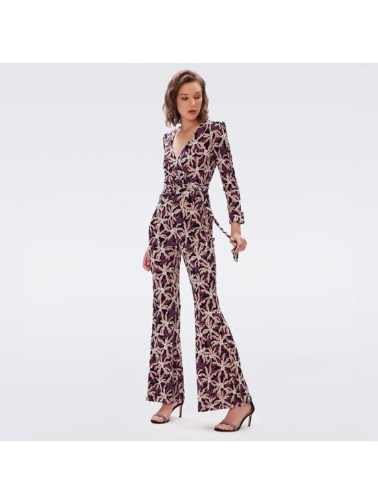 Diane Von Furstenberg Pants - Diane Von Furstenberg Seoul Printed Wrap Jumpsuit Sz 4 Purple Tropical One Piece